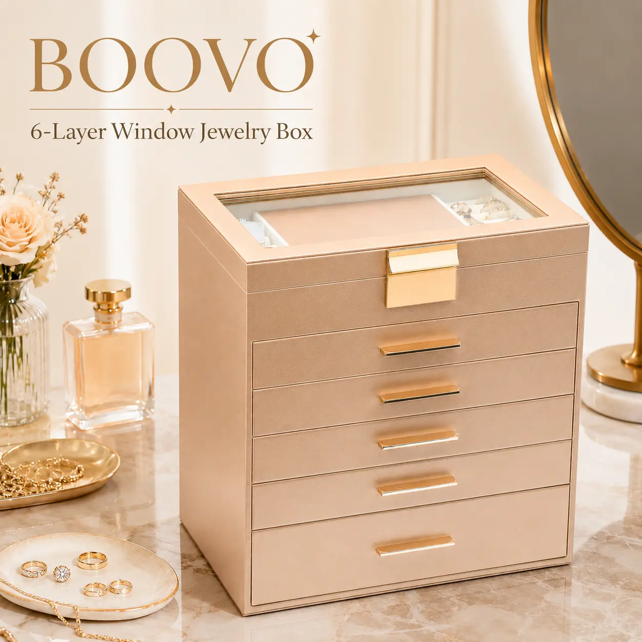 BOOVO （Champagne） 6-Tier Large Jewelry Organizer Box with Mirror, White Leather Multi-Compartment Storage Case for Tangle-Free Necklaces, Rings, Stud Earrings, Bracelets, Brooches, Space-Saving Vanity Desk Tower for Girls