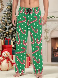 Men's Fashion Christmas Print Sleepwear Pants, Polyester Blend Comfortable Breathable, Suitable for Autumn Summer Spring Seasons