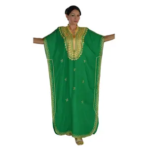 Moroccan Caftan Hand Made with Gold Hand Embroidery Long Length Green