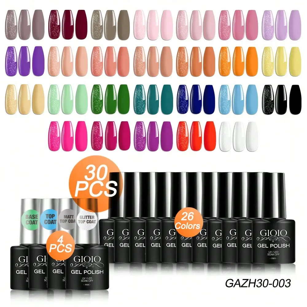GIOIO 30 Piece Gel Nail Polish Set Various Color UV Soaking Gel Nail Polish with Base Coat Matt GlitterTop Coat Gel Suitable for Beginners UV Gel Manicure Spring Summer Autumn and Winter Every Day or Holiday Party DIY Nail Art Gel Polish Light