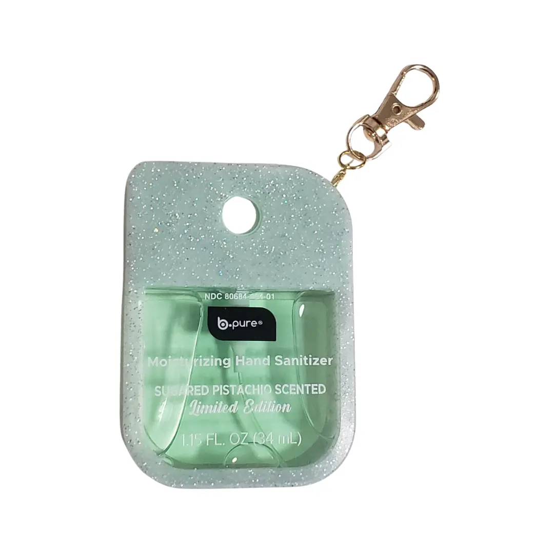 Moisturizing Hand Sanitizer with Sugared Pistachio Scent, Antibacterial Liquid for Adults, 1.15 fl oz Bottle with Glittery Holder and Metal Clip, Hand Sanitizers, Limited Edition, Office, Traveling, Fragrance, Daily, Outdoor Activities, Single Item, 34Ml