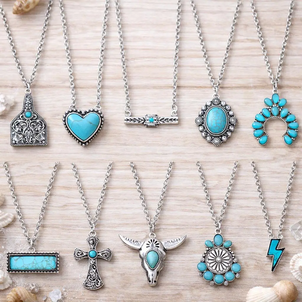 10pcs Boho Western Jewelry Set, Silver-Tone Layered Chain Necklaces for Women with Turquoise-Look Heart, Cross & Bull Skull Pendants, Women's Fashion, Engagement, Boho Western Jewelry Sets