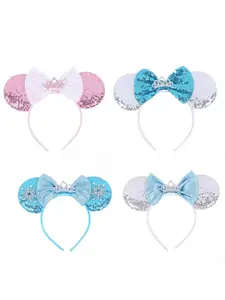 Sequin Ear Headband with Bow, Blue Diamond Sequin Mouse Ears, Holiday Party Supplies, Cute Costume Accessory, Mouse Ear Headbands