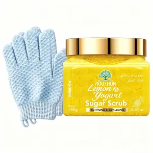 ROUSHUN Lemon sugar scrub+Rubbing gloves  Large Capacity Home Edition Body Scrub Cream Gently and Deeply Cleanses Skin Body Exfoliator