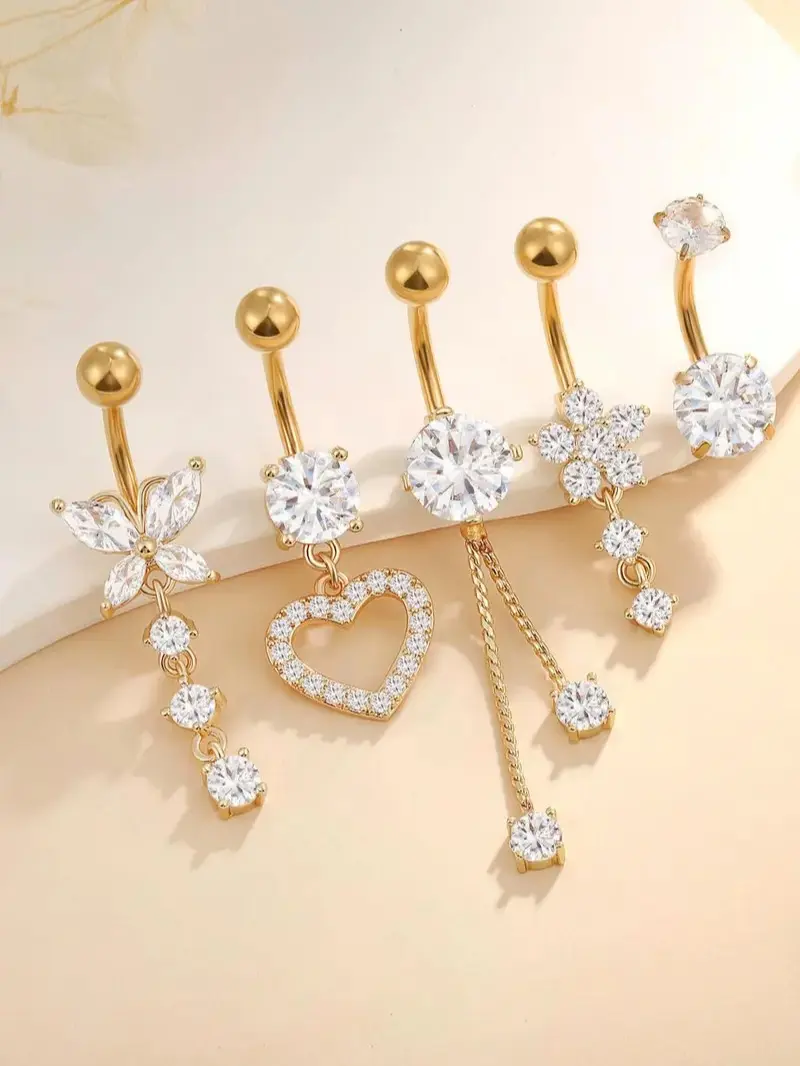 YLNWH Rhinestone Decor Belly Button Ring Navel Ring, Cute Butterfly Flower & Love Heart Charm Belly Ring, Chic Body Piercing Jewelry for Women & Girls Valentine's Day Gift
