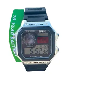 Casio AE-1200 World Time USA Flag Mod Illuminator Digital Watch with Original Black Resin Strap 100M Water Resistance 5 Alarms Stopwatch Countdown Timer LED Light