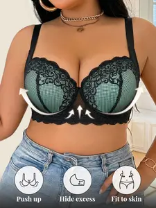 Plus-Size Women's sexy lace bra, featuring wide straps for comfort and no digging into the skin, suitable for everyday wear, Unlined Casual Bras