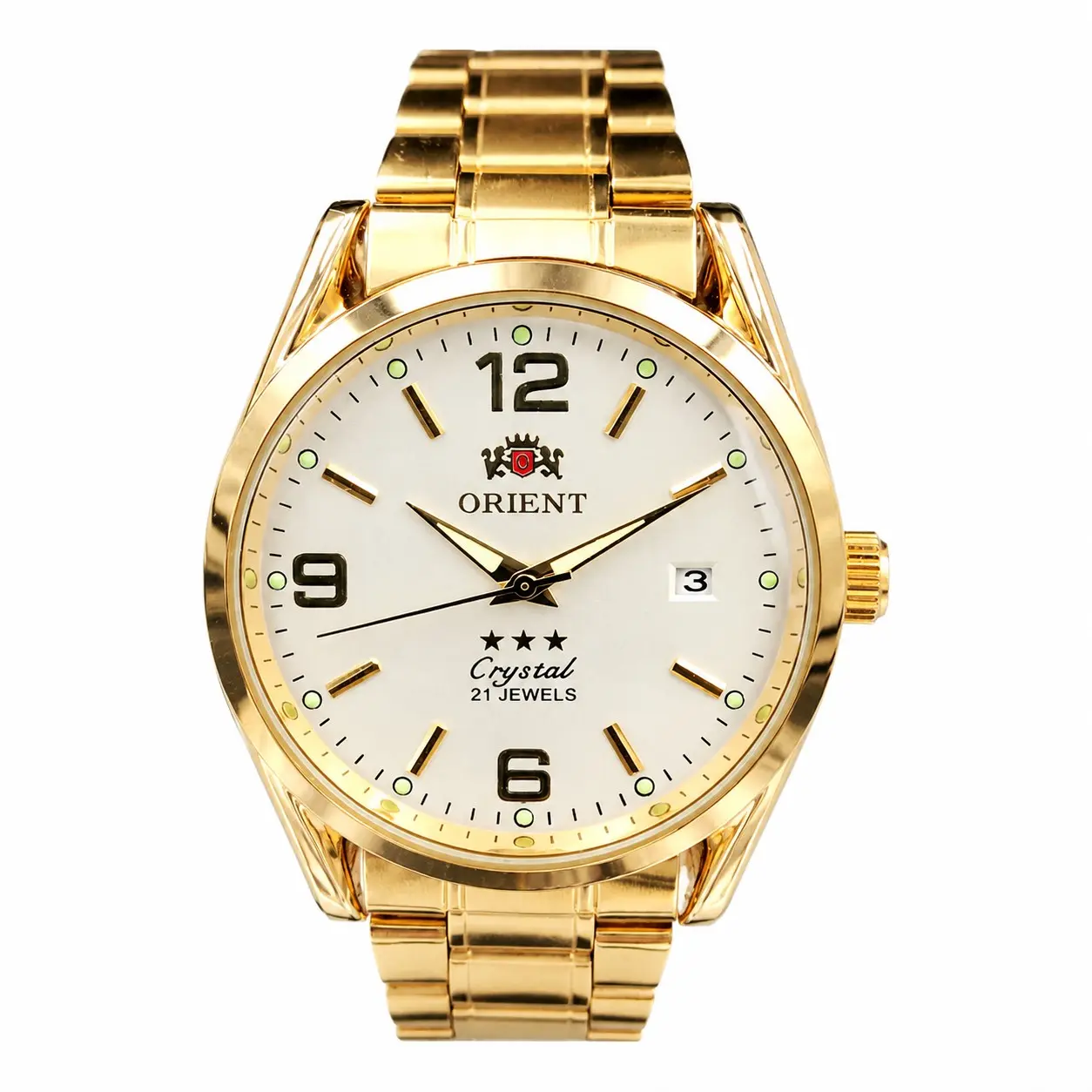 Luxury ORIENT 21 Jewels Crystal Automatic Watch Men Full Golden Steel Strap Luminous Scale Single Calendar Waterproof Business Dress Wrist Watch Classic Simple Male Clock Daily Office Birthday Gift for Men