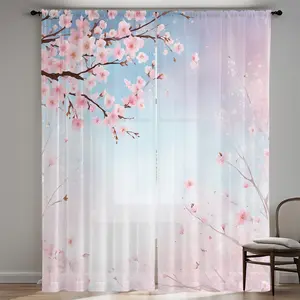 2 Pieces Gorgeous Style Cherry Blossom Printed Clear Curtains, Machine Washable Polyester Bedroom and Living Room, Rod Bag Hanging, Unlined, 100-120 gsm - Art Home Decor, High definition Digital Printing, Romantic, Soft, Office, Home Decoration Curtain