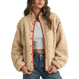 Talakeno Slouchy Fleece Jacket Women Long Sleeve Button Down High Neck Polka Dot Puffer Jackets Sherpa Overcoat with Pockets