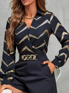 A set of women's casual Fitted geometric striped Long Sleeve black and gold shirts, Casual Matching Set, suitable for autumn and winter, suitable for home, indoor, and outdoor wear, Womenswear