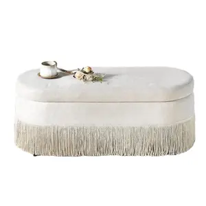 Oval Upholstered Storage Ottoman with Fringe Trim, Lift-Top Lid, Compact Design, Metal Frame, Hidden Storage Space, Beige Fabric, 39L x 16W x 17H Multi-Functional Footrest for Living Room, Bedroom