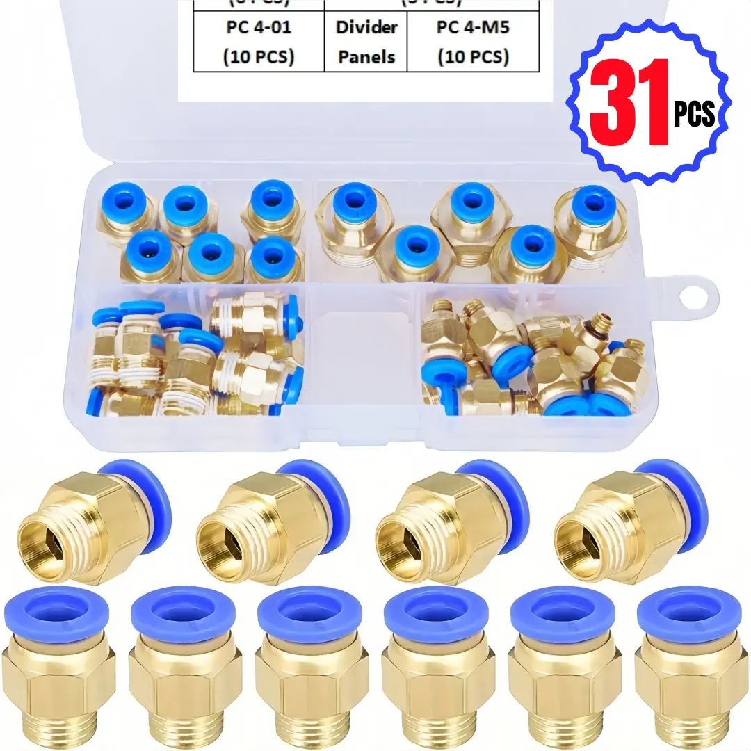 31-Piece Pneumatic Quick-Connect Kit Includes 4mm-M5, 1/8", 1/4", 3/8" BSP Male Thread Fittings. Blue Rubber Seal, Leak-proof, 360 Rotation. For Air Tools, Compressors, PU/nylon Tubing. Ideal For Repairs & Industrial Use. Hardware