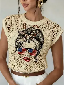 Women's Spring/Summer Independence Day Graffiti Girl Round Neck Sweater, Star-Spangled Banner Print with Sunglasses and Leopard Hairband Motif
