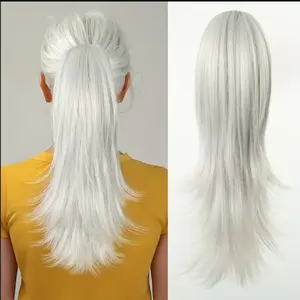 Long Multi-layer Fluffy Ponytail Extension with Large Claw Clip for European and American Women, Synthetic Hair, Gradient Gray