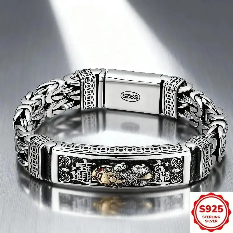 S925 Sterling Silver Pixiu Bracelet for Men - Double Layer Braided Chain, Masculine Bold Look, Tarnish Resistant, Pixiu Centerpiece, Cultural Meaning, Auspicious Gift for Fathers Day, Birthday, Lunar New Year