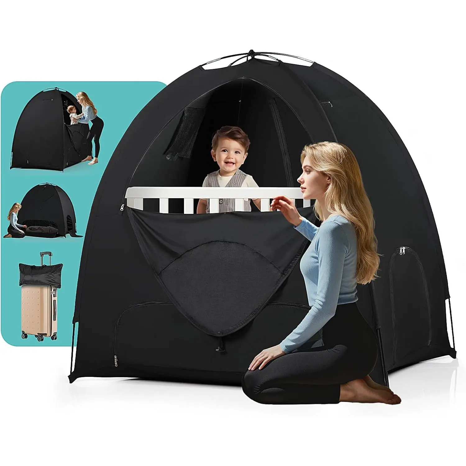 Portable light-blocking blackout sleep pod tent cover for pack-and-play, fits travel cribs, mini cribs, and play yards