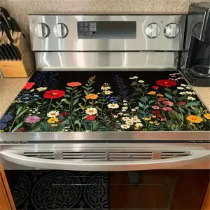 Soft Electric Stove Cover Cook Top Panel Protector Pad,Floral Kitchen Design, Scratch Resistant, Easy Clean, Multi-Purpose for Oven, Washer, Dryer