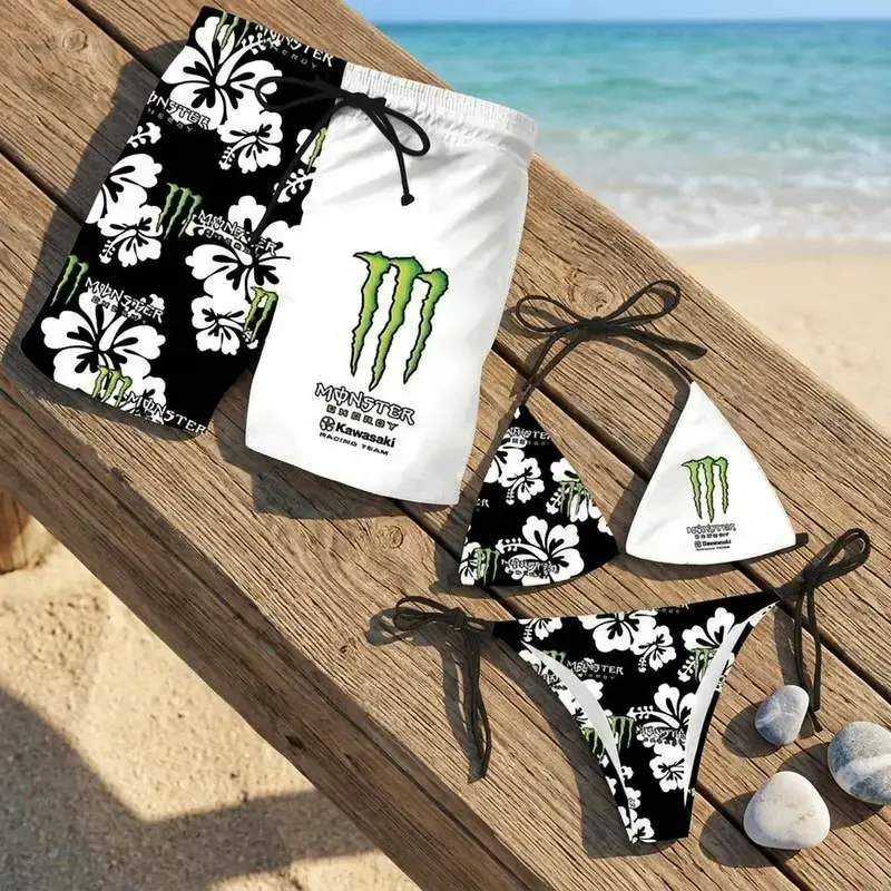 Matching Black Monster Energy Floral Swimwear for Couples, Women's Tie-Side Bikini & Men's Beach Trunks, Tropical Resort Vacation Set