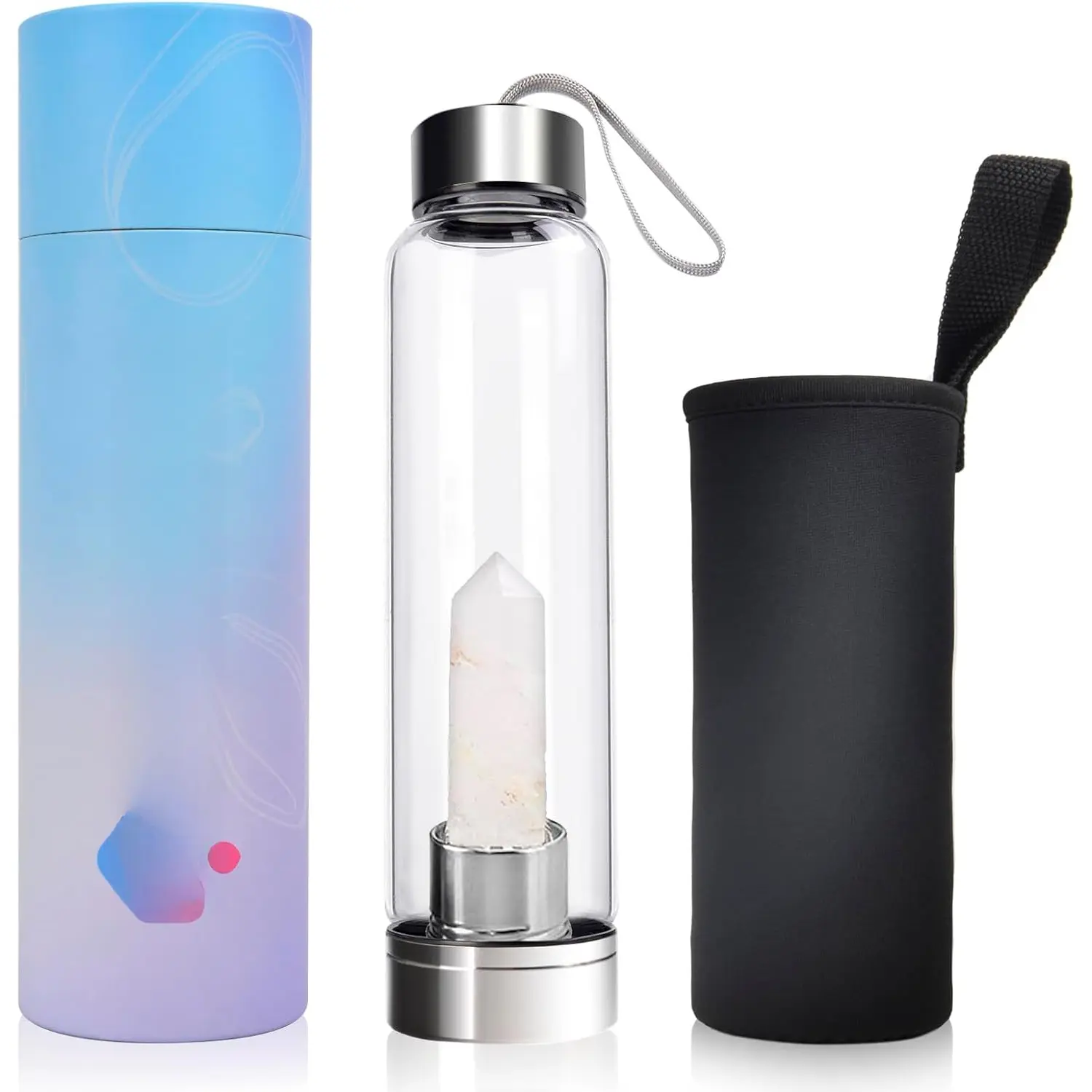 Crystal Glass Water Bottle Energy Quartz  Water Bottle with Changeable  Crystal Center for  and Wellness