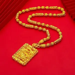 24inch Hollow Golden Dragon Pendant Necklace Wedding Engagement Not Fade Jewelry Gift Gold Color Square Pendant for Men's Luxurious Dragon Head Necklace for Wedding Party Gifts