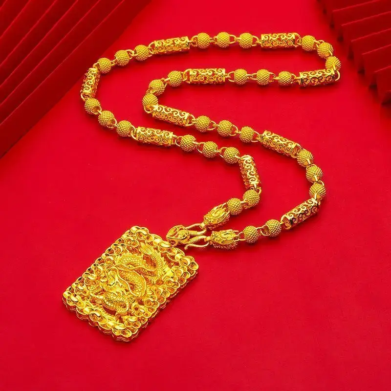 24inch Hollow Golden Dragon Pendant Necklace Wedding Engagement Not Fade Jewelry Gift Gold Color Square Pendant for Men's Luxurious Dragon Head Necklace for Wedding Party Gifts