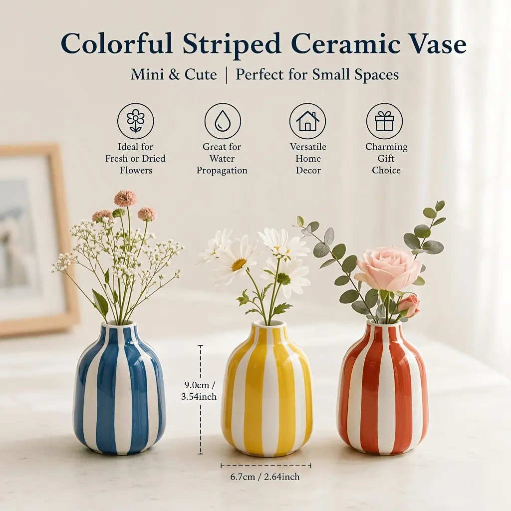 Mini Ceramic Flower Vase, Colorful Striped Contemporary Oval Pot, PVC-Free Hand Washable, Suitable for Hydroponic Plants & Water Vase, for Bathroom Kitchen Tabletop Entryway Bath Living Room Desktop, for Home Decor