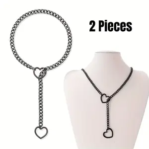 2PCS Heart O-ring Slip Chain Necklace For Women, Handmade Punk Gothic Cuban Necklace Jewelry Adjustable Lariat Y-Necklace