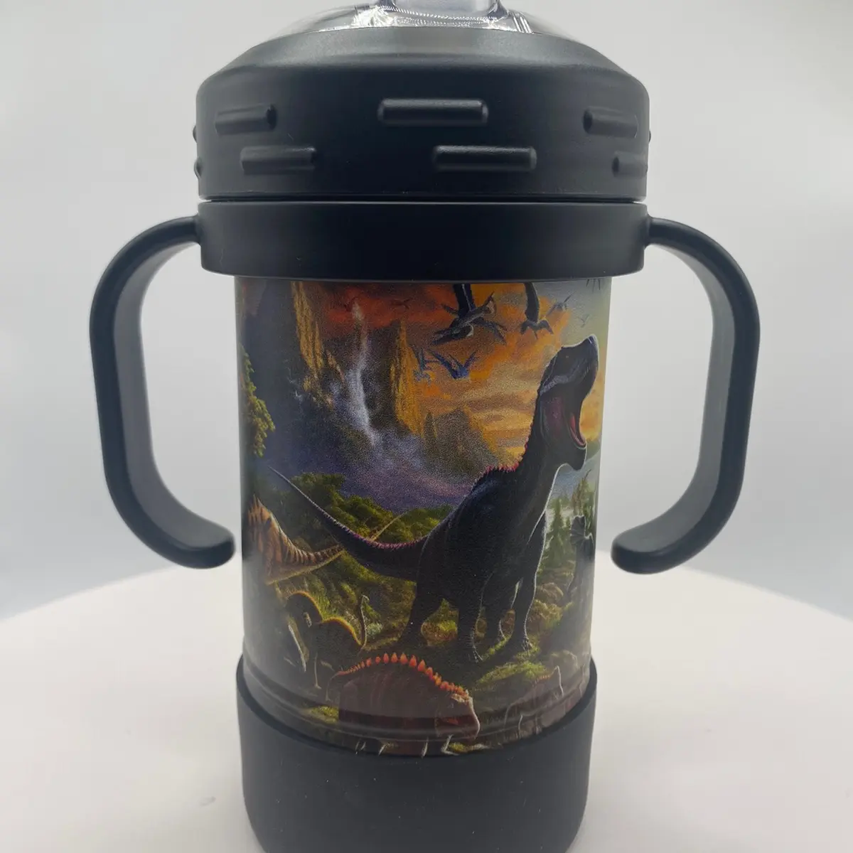 Dinosaur Sippy Cup - 10 oz Double Wall Insulated BPA Free Plastic Water Bottle with Spill-Proof Lid & Removable Handles for Kids Drinkware