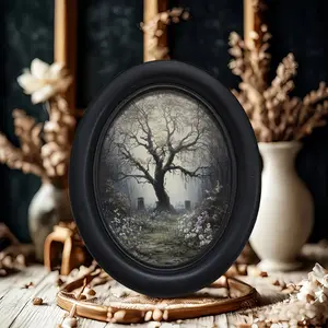 Handmade Oval Wooden Picture Frame, Rustic Farmhouse Wall Art, Gothic Tree & Cemetery Scene, Reusable Framed Decoration for Living Room Bedroom, Vintage Oval Frame