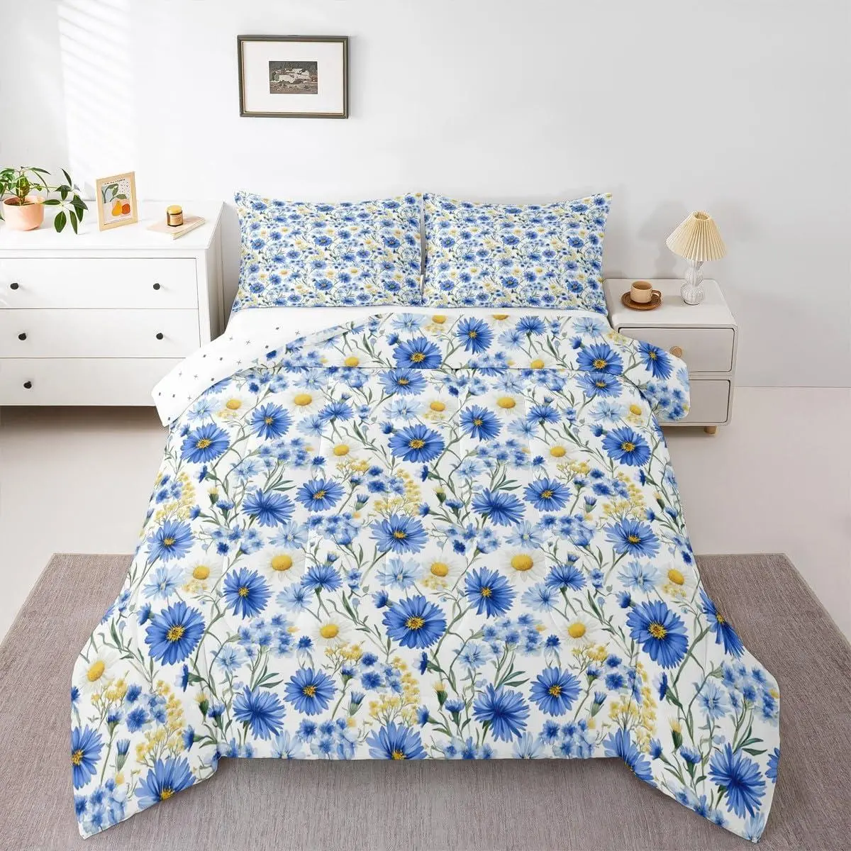 Daisy Bedding Set Soft,Blue Yellow Floral Flower Comforter Set Botanical Floral Printed Duvet Quilt Microfiber Natural Theme Bedroom Decor