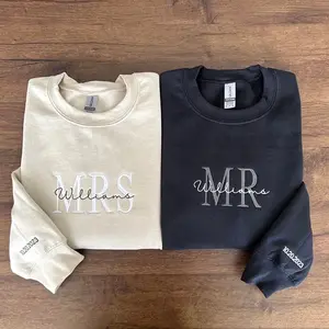 Custom Mr & Mrs Embroidered Sweatshirt, Personalized Wedding Date on Sleeve, Hubby Wifey Matching Outfit, Engagement Gift for Bride & Groom, Future Mrs. Pullover
