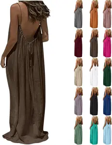 2026 New women’s Backless Cami Lounge Dress, Loose Fit Sleeveless Long Sundress, Elegant Summer Sleepwear, Homewear & Beach Cover-Up, Solid Color Back Tie Dress