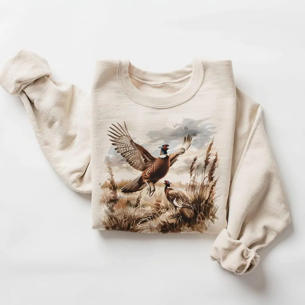 Women's Retro Pheasant Bird Wilderness Graphic Hoodie - 90's Vintage Game Bird Garment, Long Sleeve Unisex Cotton Pullover Tops, Boho Style