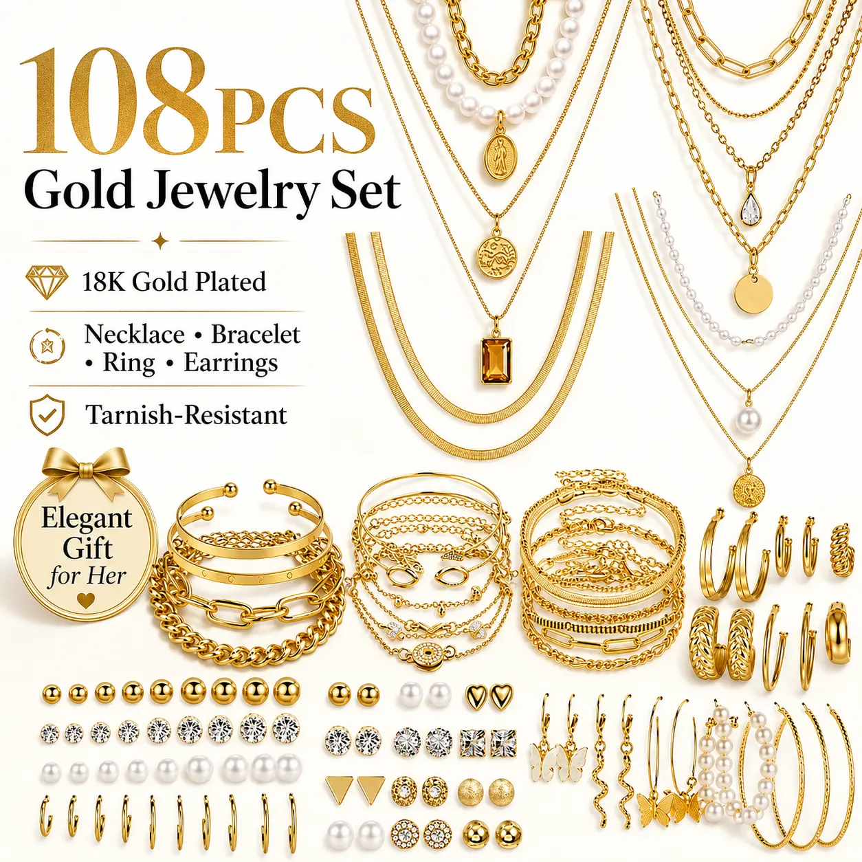 108PCS Gold Jewelry Set for Women, 18K Gold Plated Necklace Bracelet Ring Earrings Set, Layered Chunky Jewelry Collection, Tarnish-Resistant Fashion Jewelry, Elegant Wedding & Party Accessories Gift for Her # SummerVibes