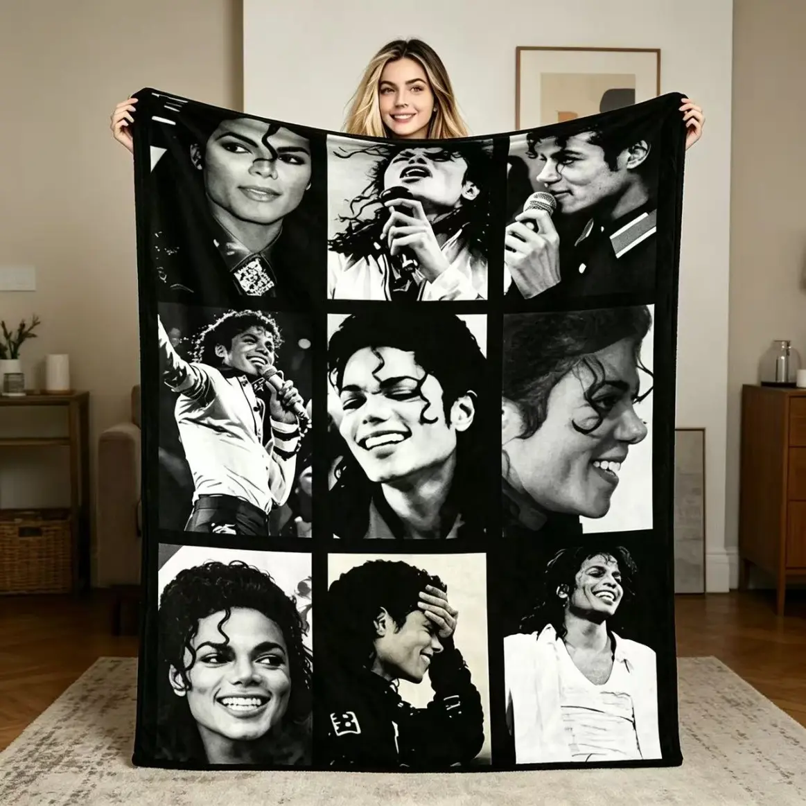 Pop Music Legend Inspired Collage Flannel Blanket, Black and White Portrait Style Soft Cozy Plush Throw Blanket for Bedroom, Sofa, Living Room, Music Fans and Decorative Gift, Blankets, Indoor Use