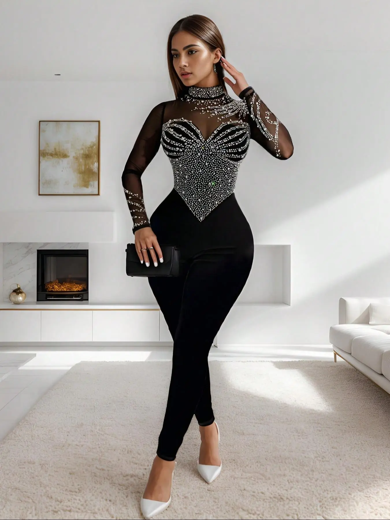 Women's Plain Rhinestone Decor Mock Neck Mesh Material Breathable Skinny Jumpsuit, Elegant Fashion Long Sleeve Zipper Jumpsuit for Party Club Dating, Valentine's Day Gift for Girl, Ladies Spring & Fall Clothes, Womenswear