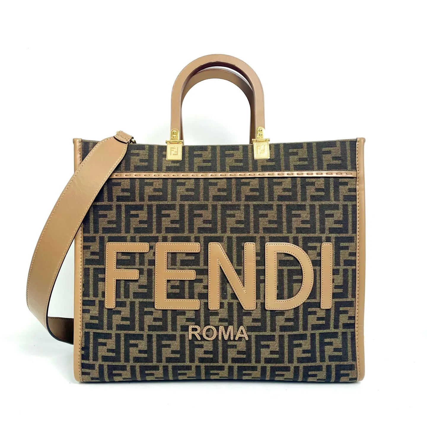 Pre-owned canvas Tote Bags Fendi Medium Sunshine Shopper Tote Bag 97% New, & Cowhide, FF Monogram Motif, Shopping Tote, 34 x 14 x 32 cm