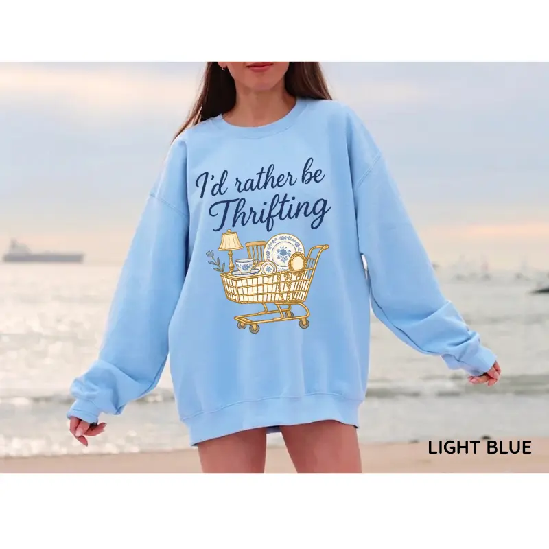 I’d Rather Be Thrifting Sweatshirt, Thrift Aesthetic Graphic Shirt, Blue and Gold Vintage Decor Cart Design, Retro Thrifting Pullover, Boutique Style Top