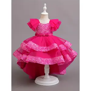 New(New)Elegant Pink Sequin Princess Dress Girls - A-Line Tiered Gown with Mesh Overlay, Front Bow Detail, Perfect Birthday Parties & Performances, Girls' Formal Dress |           Glittery Sequin Design |           A-line Silhouette, Princess Dresses