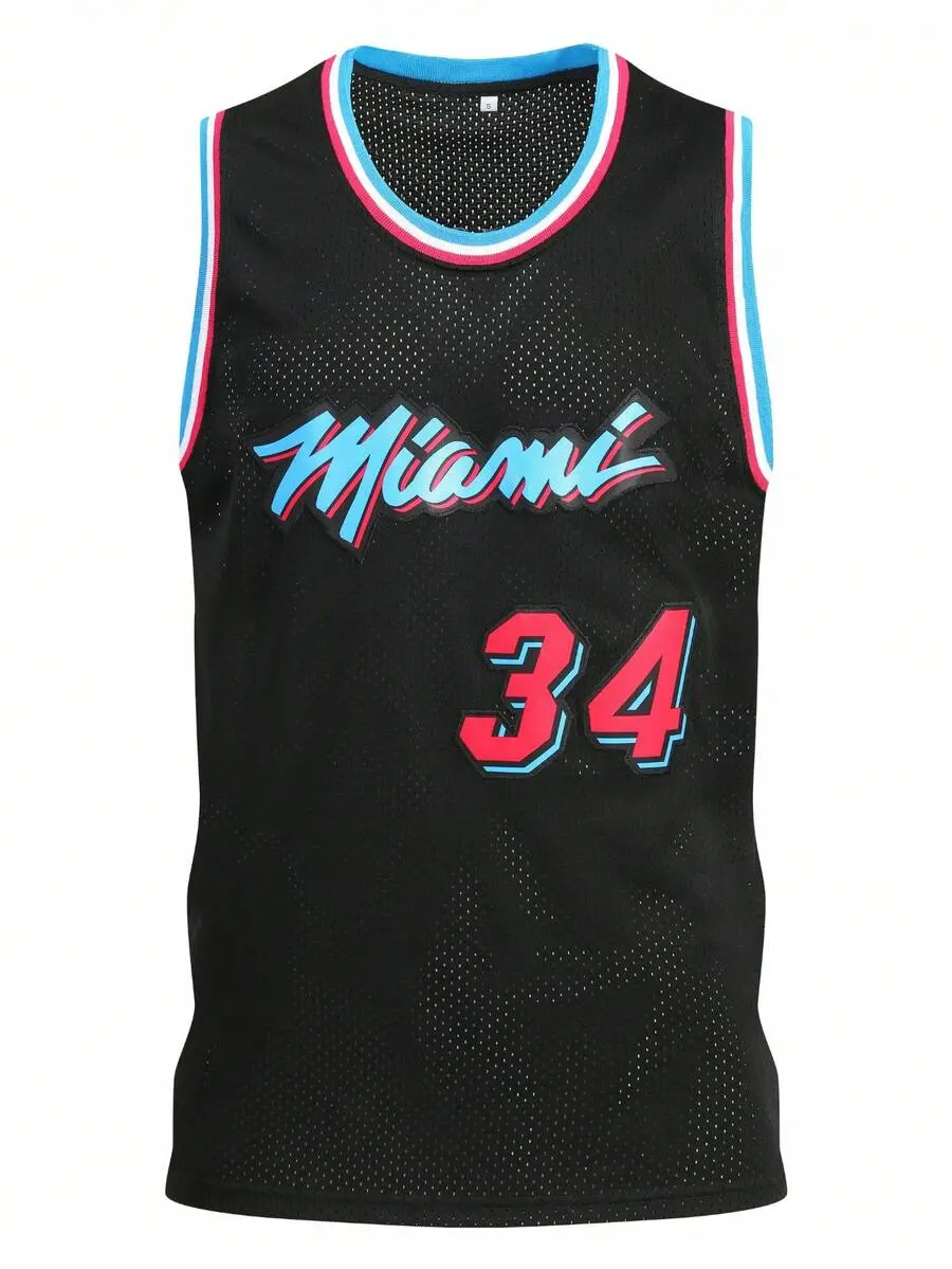 Men's Miami 34 Script Printed Basketball Jersey - Retro Neon Graphic Mesh Tank Top - 2D Flat Printed Sportswear