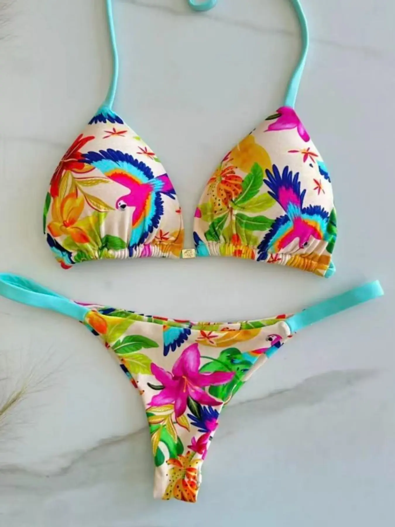 Women's Push-Up Bikini Set, Sexy Brazilian Style Swimsuit, Micro Embroidery, Summer Beachwear, Fitted All-Over Print Swimwear, Floral Tropical Bikini, Flower Print Bikini, Floral Swimsuits