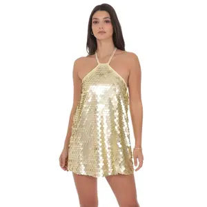 Circle Sequin Halter Shift Dress in Gold