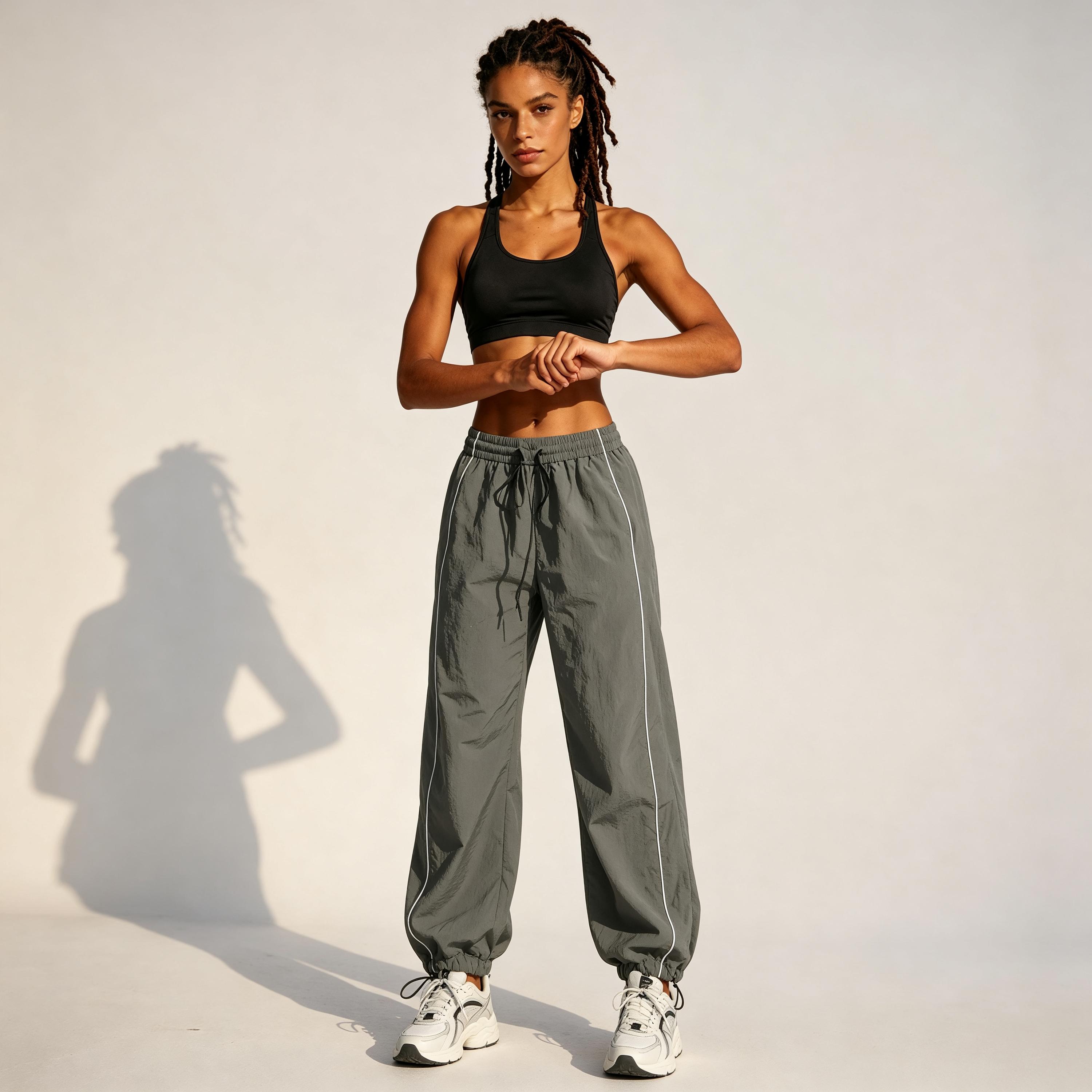 Women’s 2-Pack High-Waisted Parachute Track Pants - Polyester, Side Stripes, Elastic Waist, Drawstring Cuffs, Loose-Fit Windbreaker Joggers, Sporty Chic All-Season Casual Streetwear Athletic Bottoms, Polyester Pants, Casual Wear daily wear pant