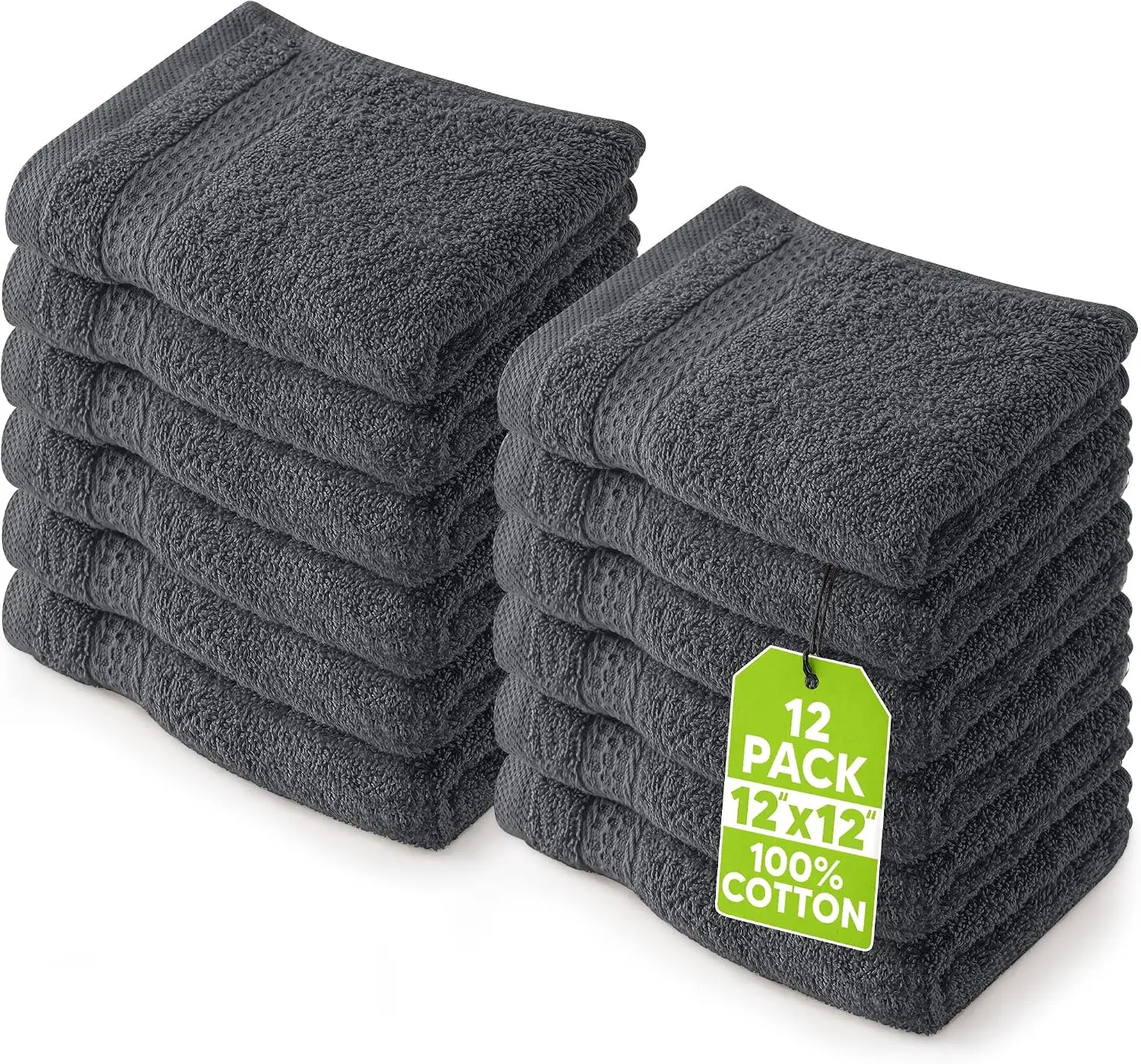 100% Cotton Washcloth Set, 12-Pack Ultra Soft Ring-Spun 12x12 in Grey Face Towels, Highly Absorbent for Bathroom, Spa, Baby Care