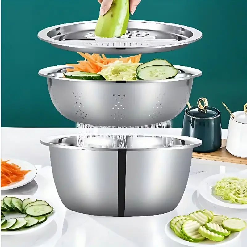 Stainless Steel Grater Bowl Set, 3-Piece Kitchen Tool Kit, Kitchen Strainer Utensils, Kitchen Gadgets, Kitchenware Stainless Steel, Fast Draining Design, Non-Slip Handle, Easy Clean, Food Safe Material