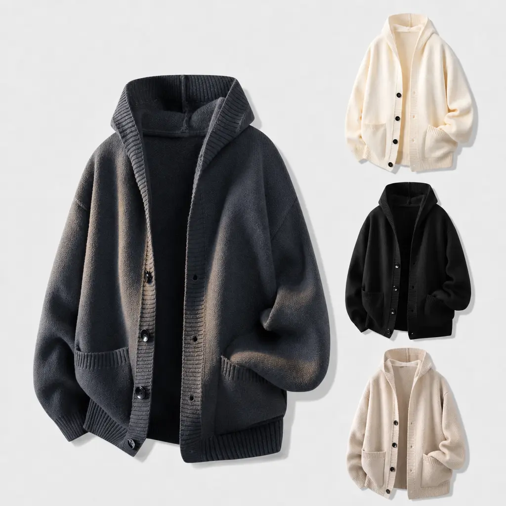 Men's Baggy Oversize Soft Hooded Button-Up Knit Cardigan Sweater - Long-Sleeve Acrylic-Polyester Plain Solid Top with Pockets, Versatile for Pairing with Dress, Jeans, Cozy Warm Basic Business Wear