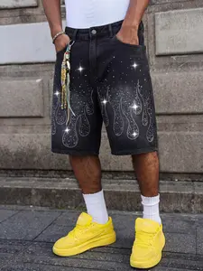 Men's Fashion Rhinestone Jeans Shorts, Comfortable and Stylish Casual Design, Summer Street Style, Slim-Fitting, Natural Waist, Zipper Fly
