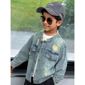 (New)Boys' Latest Autumn Collection for 2025 Features a Small Stand Collar, Distressed Casual Denim Jacket