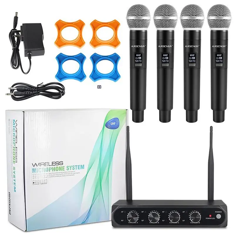KASCHUN Metal 4-Channel UHF Wireless Dynamic Microphone System with 4 Metal Grip Handheld Mics, 1 x Receiver, 1 x User Manual, 100M Range, 6.35mm Dual Audio Output, Power Adapter (1600g, 240mm) for Karaoke, Birthday, Business
